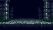 © marruu - Dark pixel art game level vector showing dungeon gate entrance. Retro 8 bit style cave or ancient stone temple for video game background.