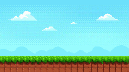 Pixel art game level vector seamlessly looping background with blue sky, clouds, green grass, and brown earth for arcade video game design.