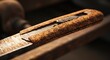 © salahudin - Close up of a rusty utility knife on wooden surface with selective focus