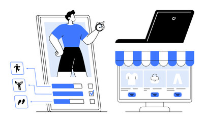 Wall Mural - Person tracking fitness stats on a phone next to an e-commerce store display on a computer. Ideal for health, technology, lifestyle, shopping, e-commerce, apps, personalization, simple flat metaphor