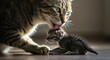 © oliamogdaleva - Tabby mother cat affectionately grooming her tiny newborn kitten. Maternal love.