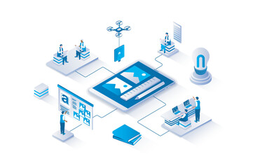 Poster - Designer 3d isometric concept with isometry people design for web. People working in creative studio, making digital art with painting tools, making visual projects for branding. Vector illustration.