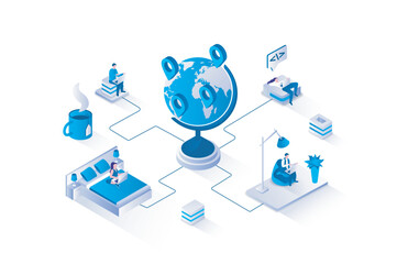 Wall Mural - Freelance 3d isometric concept with isometry people design for web. People working on laptop remotely in outsource, doing work tasks and connecting online from home office. Vector illustration.