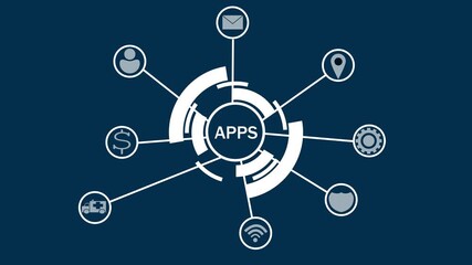 Centralized App Network Diagram with Connecting Nodes on Dark Blue Background application connection