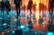 © Vadym - Blurred figures of business people walking on digital network floor. Connecting lights and data streams show global connection and modern tech. Future concept.
