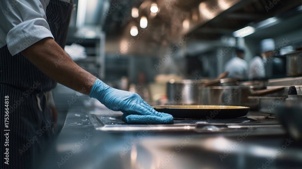 Professional cook focuses on hygiene while cleaning stovetop in busy ...