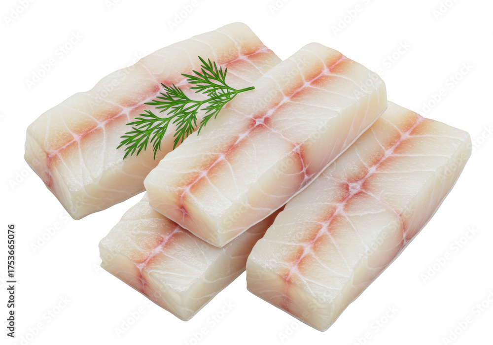 Isolated Fresh cod fillets seasoned with dill, offering a delectable ...