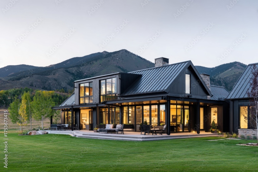 A contemporary black house featuring expansive windows is nestled within a breathtaking mountain landscape at dusk, surrounded by lush greenery and the stunning beauty of nature