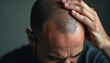 © Vadym - Man experiencing hair loss touches balding scalp with hand. Male person feeling stress, anxiety about thinning hair. Close-up of human head with hair thinning problem.