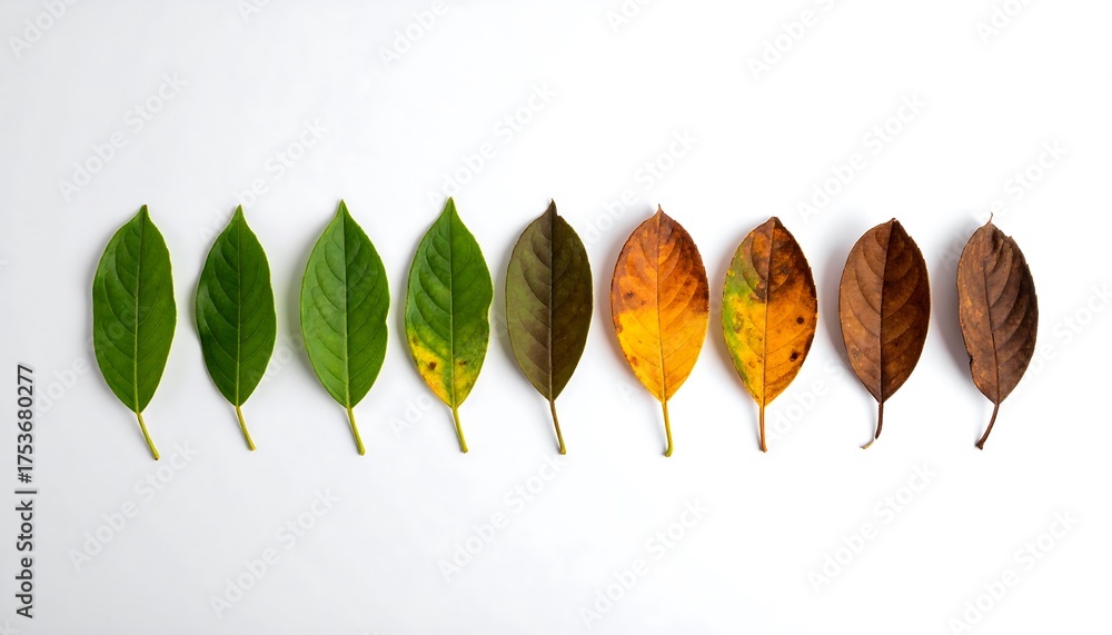 A progression of leaves, placed in a linear order, transitioning from ...