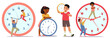 © Anna Syvak - Cute cartoon kids holding clock learning time, punctuality, exploring numbers and hours isolated set