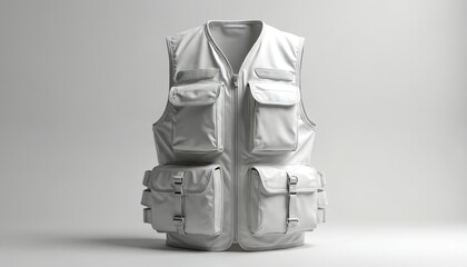 Isolated photo shows white tactical vest with pockets. Safety apparel for security guard. Uniform clothing for different applications like workwear for construction even for casual look. Pro outfit