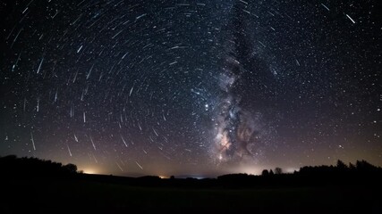 Wall Mural - A breathtaking timelapse of a rotating starry night sky above a dark, silhouetted countryside landscape season, landscape, picturesque