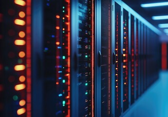 Wall Mural - Futuristic IT data center with red illuminated server racks and dark corridor lighting, ideal for AI, cybersecurity, network infrastructure, and technology system visuals
