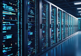 Wall Mural - High-performance IT data center with glowing blue servers and reflective corridor, ideal for AI, cloud computing, cybersecurity, and digital network infrastructure visuals