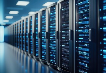 Wall Mural - Advanced IT data center with rows of blue illuminated server racks and modern corridor lighting, ideal for AI, cloud computing, cybersecurity, and digital infrastructure visuals