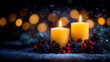 © AltisArt - Warm Glowing Candles with Pinecones and Red Berries on Snowy Evergreen Garland