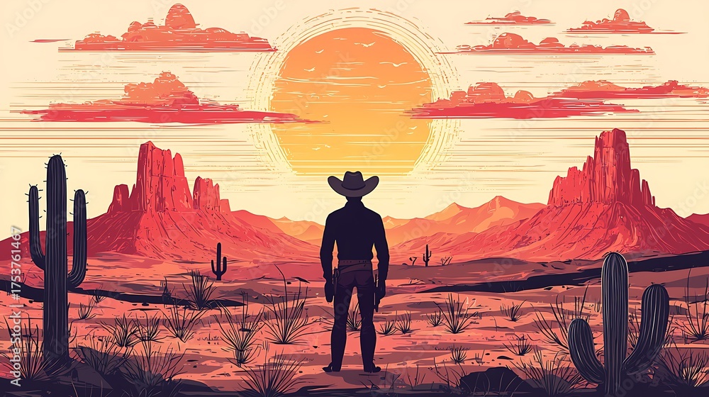 Cactus and rocks decorate cartoon wild west setting picture Stock ...