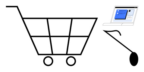 Wall Mural - Shopping cart, laptop screen displaying online store, and computer mouse. Ideal for e-commerce, online shopping, digital retail, technology, marketing connection cybersecurity. A simple flat