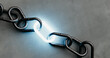 © AddMeshCube - A single illuminated link shining in a dark metal chain on a concrete background, a symbol of power and connection.3d rendering