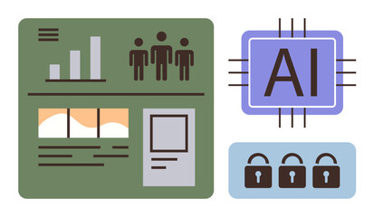 Dashboard with analytics data, human figures, AI chip, and security padlocks. Ideal for technology, business, innovation, cybersecurity, software development AI systems and digital transformation