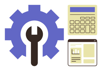 Wall Mural - Gear with wrench, calculator, and web page representing system efficiency, data management, process organization, analytics, decision-making, engineering and teamwork. Ideal for a simple flat
