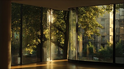 Wall Mural - Warm Natural Light Illuminating Modern Interior with Glass Walls Showcasing Lush Green Trees and Urban Architecture in Afternoon Glow