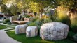 © buraratn - Tranquil Outdoor Garden Scene with Natural Rocks, Lush Greenery, and Stylish Seating Arrangement Surrounded by Vibrant Plants in Bright Sunlight