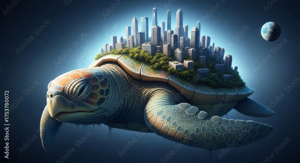Turtle carrying a city on its back with earth visible in background ...