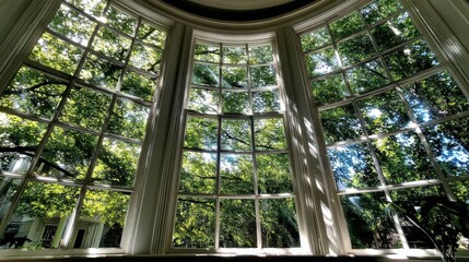 Wall Mural - Sunlight Filtering Through Large Window Framed by Lush Green Foliage Creating a Serene Indoor Atmosphere with Natural Light and Vibrant Colors