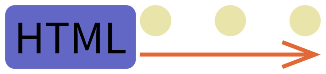 HTML block, flow with dots and orange arrow indicating progress, connection, or process. Ideal for web development, coding, learning, structure design organization user flow. Simple flat metaphor