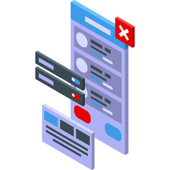 Wall Mural - Isometric Digital Interface Design Showing User Profiles And Control Sliders With A Red Error Icon On A Transparent Background