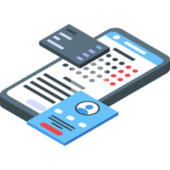 Wall Mural - Isometric digital interface on a smartphone screen with calendar and profile cards representing modern technology and organization concepts