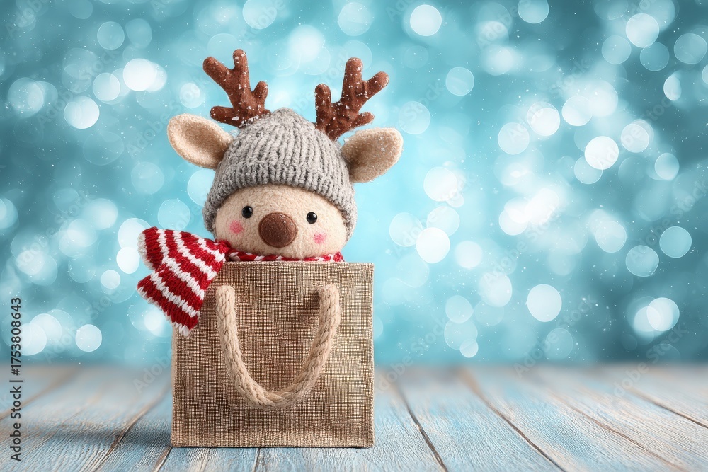 A charming stuffed reindeer with soft antlers and a cozy winter hat peeks out of a small gift bag.