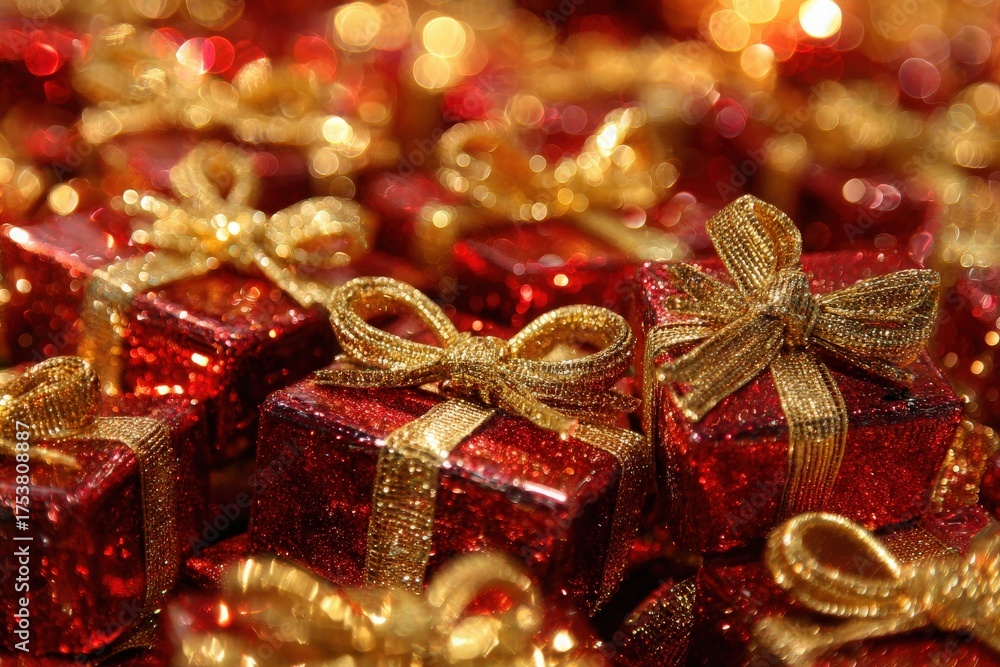 Small red gift boxes with shimmering surfaces are adorned with golden ribbons, creating a cheerful scene that captures the spirit of the holiday season. These presents are stacked closely together.