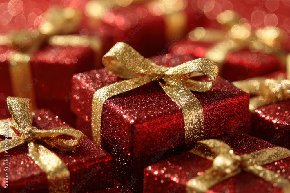 Many small gift boxes are wrapped in shiny red paper and decorated with gold ribbons. The sparkling surface adds a joyful touch, perfect for holiday celebrations or special occasions.