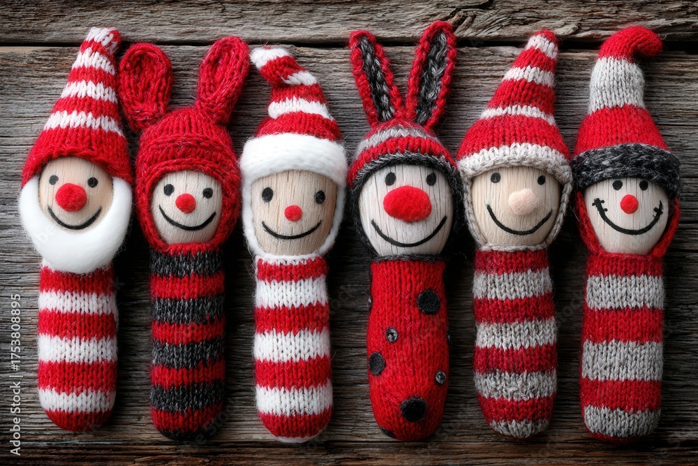 Six whimsical handmade figures dressed in red and white patterns are displayed on a wooden surface. Each character has a unique face and design, perfect for festive decor.
