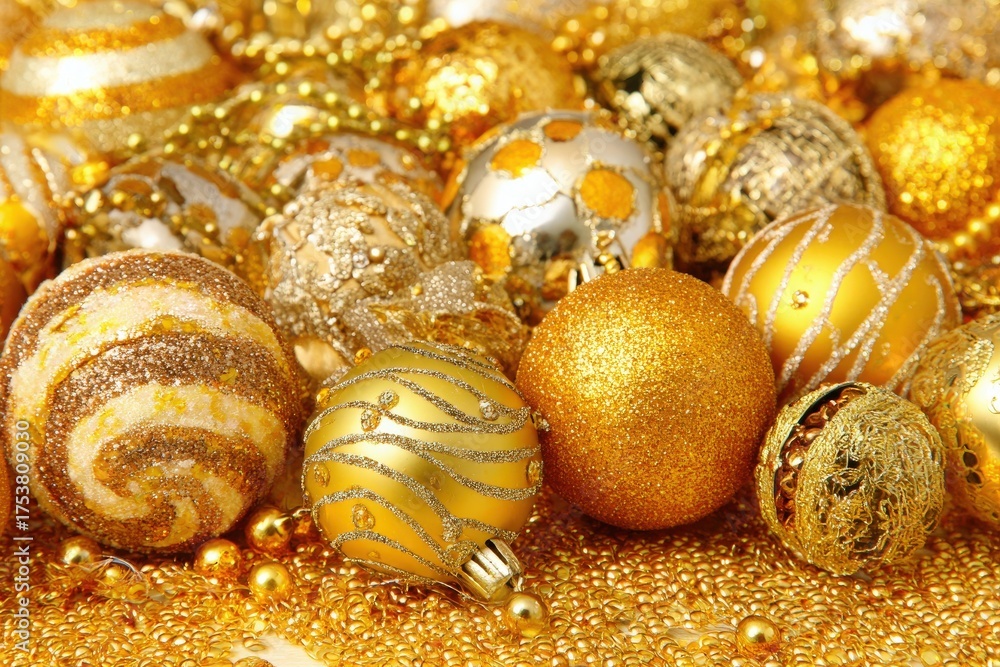 Colorful golden ornaments gather together, creating a sparkling display ideal for holiday celebrations. These shiny decorations add festive cheer and elegance to any setting during the season.