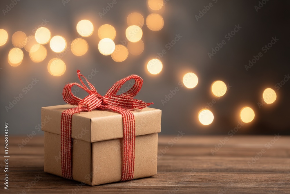 A small cardboard gift box is carefully wrapped with a red ribbon on a wooden table. Soft, warm lights create a cozy atmosphere in the background, perfect for celebrations.