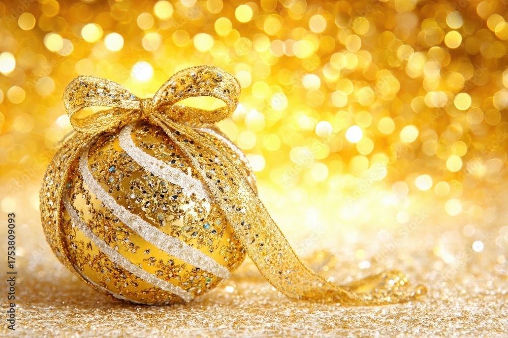A golden ornament with glitter and a ribbon rests on a shimmering surface. The background sparkles with warm, bright bokeh lights. It creates a joyful and festive mood, perfect for celebration.