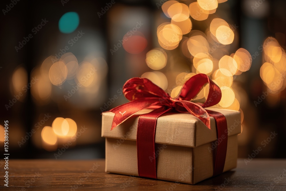 A beautifully wrapped gift box with a red ribbon sits on a wooden surface. Soft, warm lights create a cozy atmosphere in the background, suggesting a celebration during the holiday season.