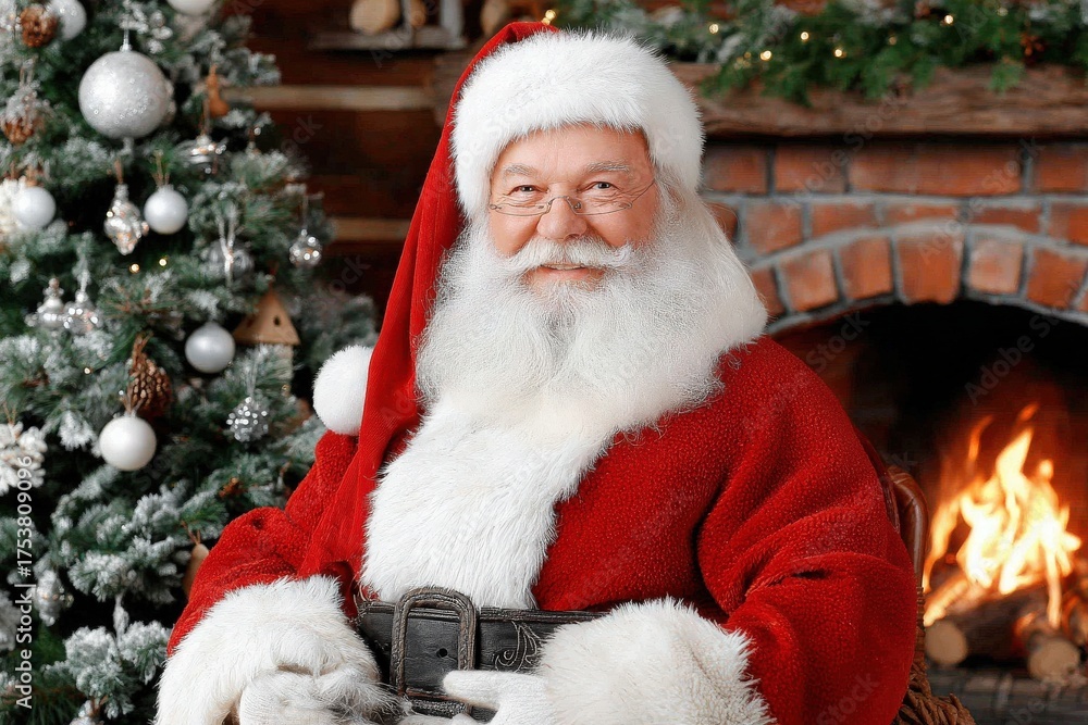 Santa Claus is smiling warmly in a festive room decorated with a Christmas tree. The room features a glowing fireplace, creating a cheerful holiday atmosphere.