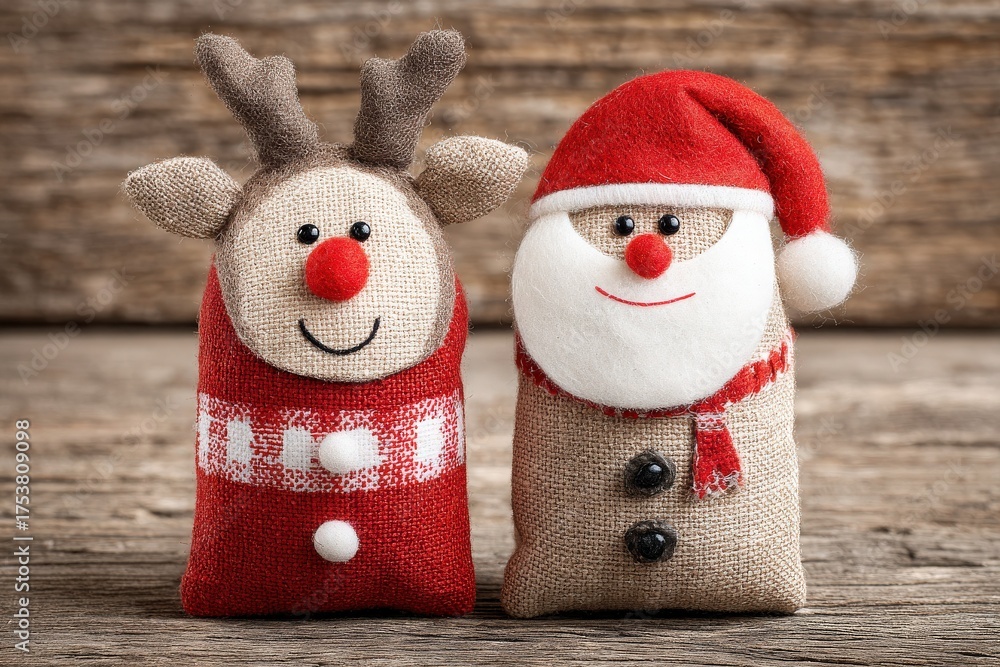 Colorful fabric decorations featuring a cheerful Santa Claus and a friendly reindeer are placed on a rustic wooden surface. Perfect for holiday cheer and festive decorating.