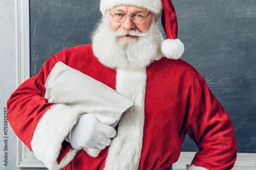 A cheerful man dressed as Santa Claus stands smiling, holding a bag. His white beard and red suit create a warm, festive atmosphere perfect for a holiday gathering.