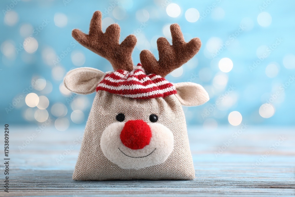 This cute bag resembles a reindeer, featuring a red nose, soft antlers, and a striped hat. It sits against a background of blue with soft, glowing lights, adding a festive touch.