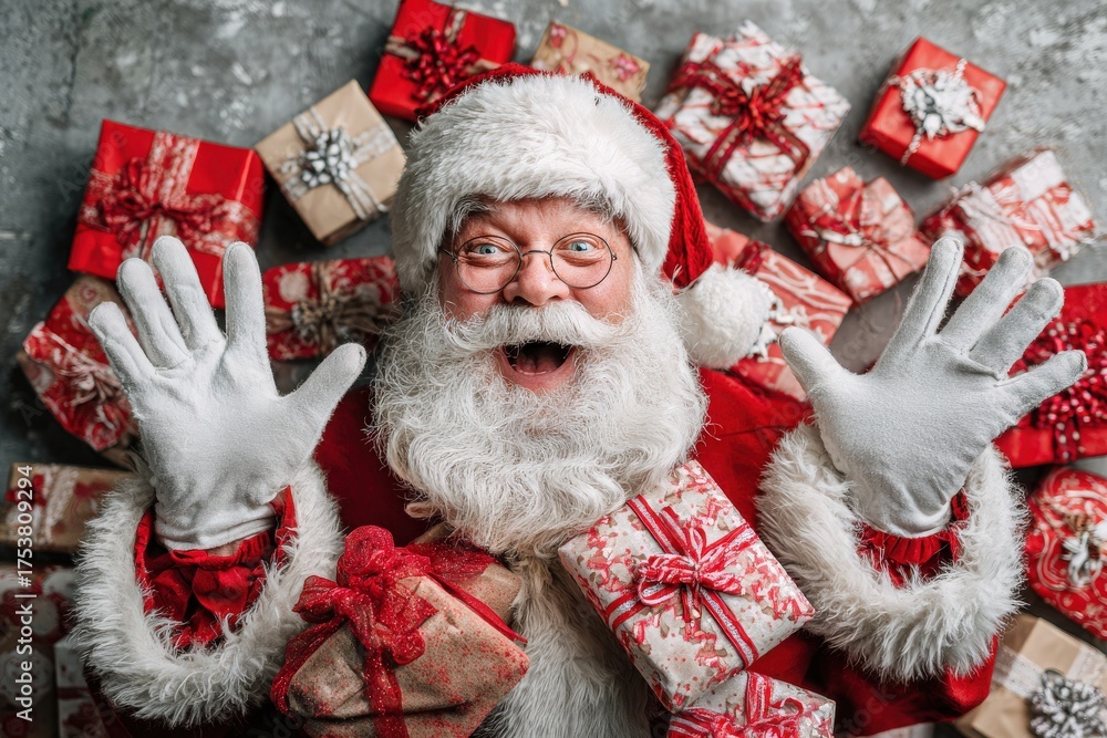 Santa Claus with a long white beard and red suit joyfully raises his hands amidst a collection of wrapped gifts in various colors. The scene captures the festive spirit of the holiday season.
