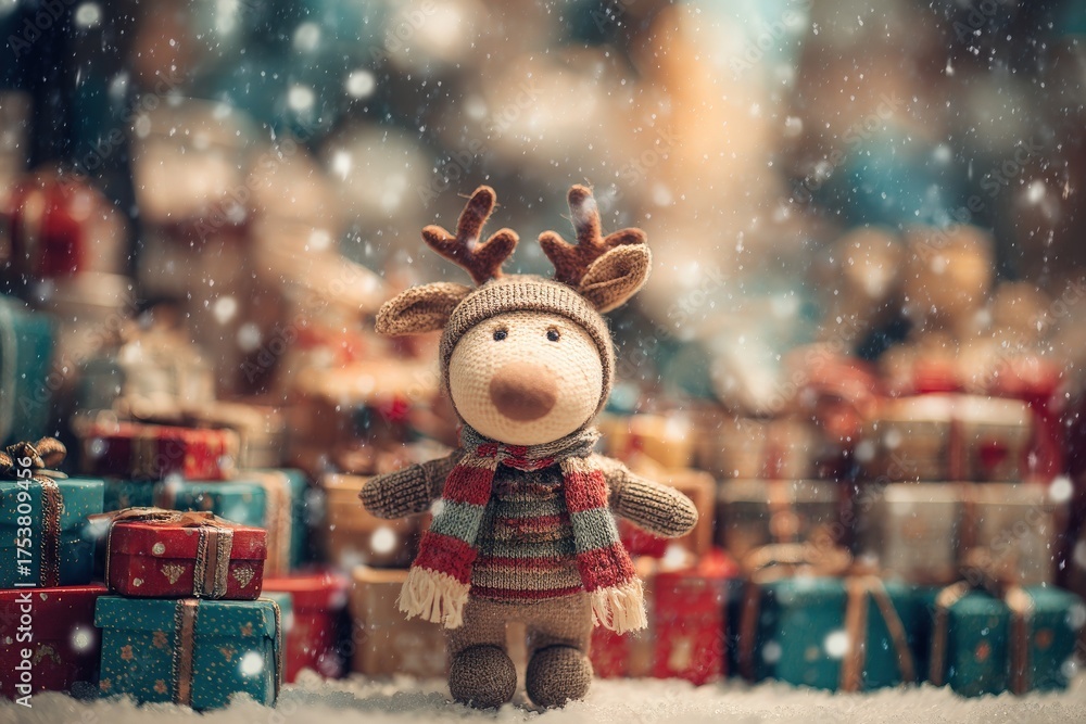 A charming knitted reindeer stands cheerfully among a variety of colorful gifts in a winter wonderland. Snowflakes fall softly, creating a festive atmosphere filled with joy.