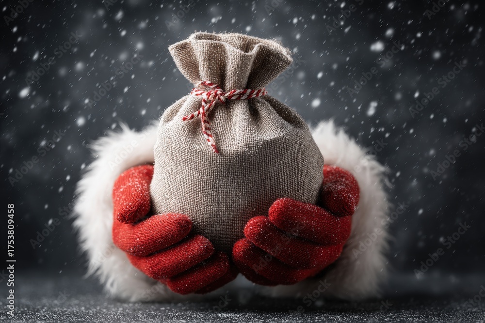 Hands in red gloves hold a festive sack tied with string amidst gentle snowfall, creating a warm holiday atmosphere. The scene evokes feelings of joy and anticipation for the season.