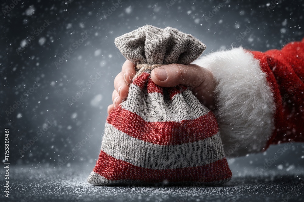 A hand of a person in a Santa suit holds a red and white striped sack against a dark background. Snowflakes gently fall around, creating a festive atmosphere.