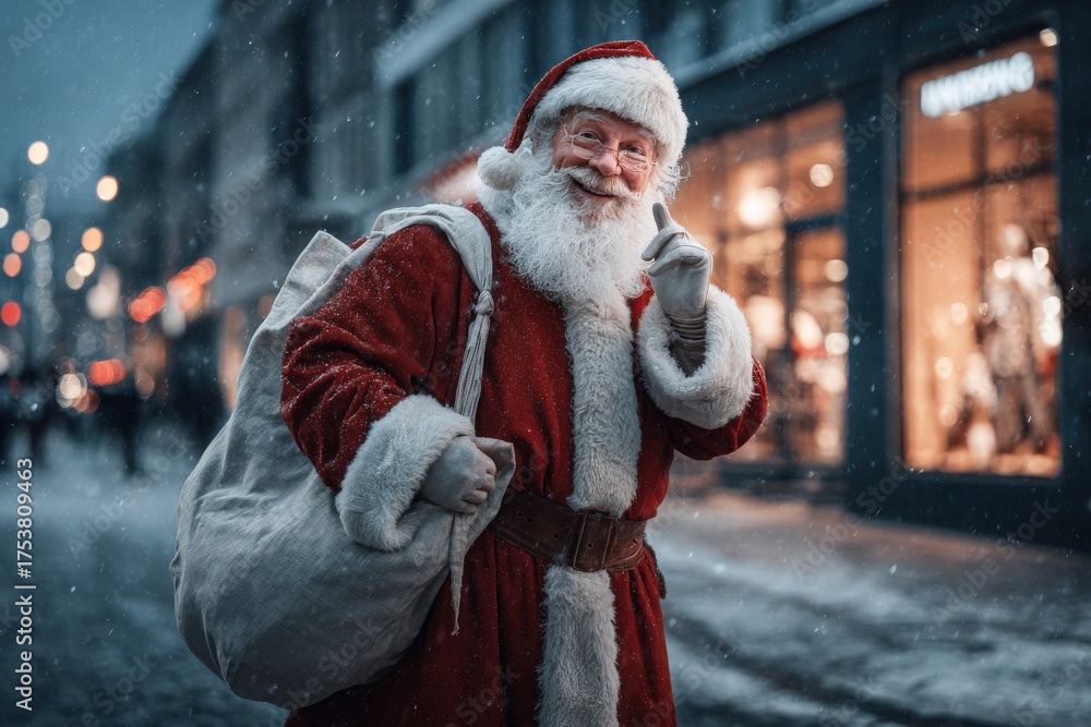 A jolly Santa Claus stands on a snowy street, smiling and pointing while holding a large bag. Lights illuminate the holiday spirit as shoppers stroll nearby in a festive atmosphere.